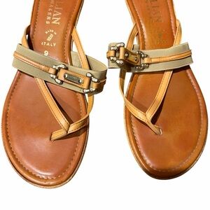 Italian Shoemakers Tan and Beige Leather Thong Sandals with Gold Accents